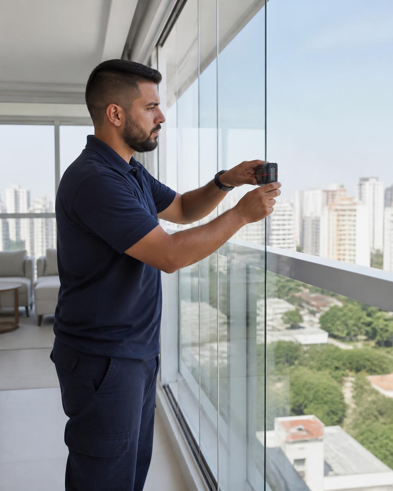 Técnico da Toni Glass medindo com trena a laser uma sacada envidraçada